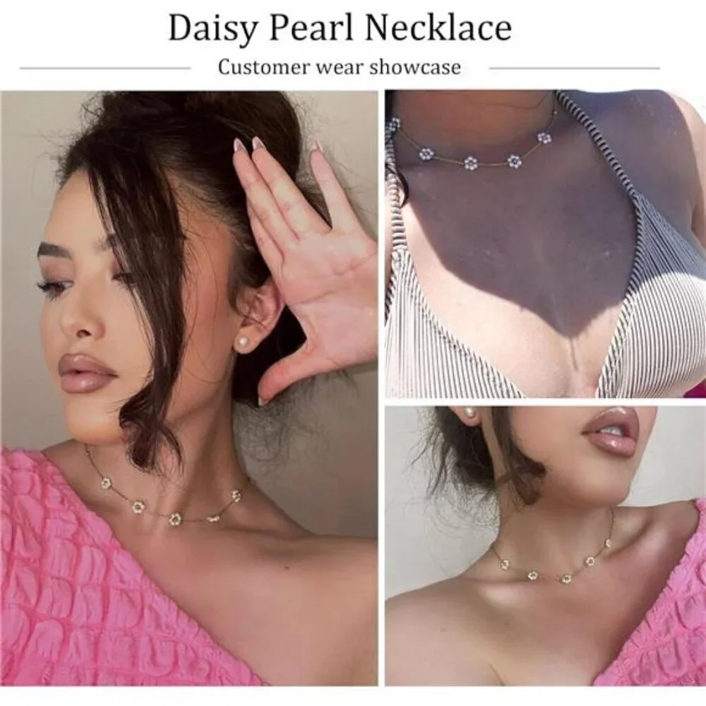 Daisy Pearl Necklace Choker for Women Flower 14K Gold Plated Stainless